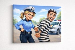 Tablou Canvas Caricatură Polițistă și Prizonier – Cuplu Amuzant Personalizat