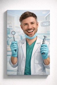 Tablou canvas cu caricatură de stomatolog – cadou original și personalizat.