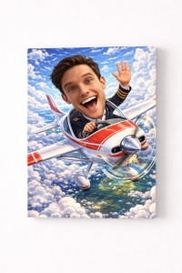 Tablou Canvas Personalizat – Pilot în Avion | Caricatură Amuzantă Aviator