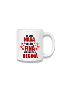 Cană ceramică 380 ml – De când nașa îmi zice fină, mă simt ca o regină – roșu