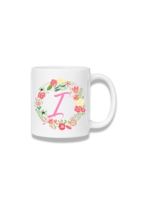 Cană ceramică 380 ml – Inițiala I cu coroniță florală