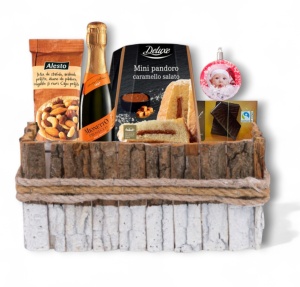 Coș Cadou Premium cu Prosecco Mionetto, Pandoro și Ciocolată – Cadou Elegant de Sărbători
