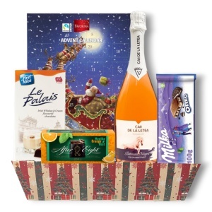 Cutie Cadou Premium cu Vin Spumant Caii de la Letea, After Eight, Milka Oreo și Calendar Advent – Cadou Crăciun Deluxe