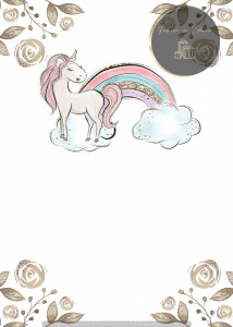 Invitație Botez B263 - Unicorn cu Curcubeu Sclipitor pe Nori, Colțuri Florale Aurii
