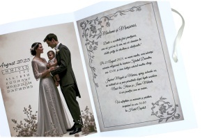 Detaliu invitație de nuntă florală bej, evidențiind designul vintage și finisajele elegante.