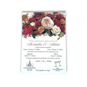Invitație de nuntă florală burgundy personalizată – un model elegant și rafinat pentru o zi specială.