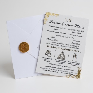 Invitație Nuntă Elegantă cu Plic Alb, Sigiliu Ceară și Accente Aurii