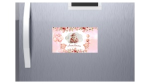 Magnet botez personalizat fetiță cu poză – ursuleți, flori roz și baloane | Mărturie botez elegantă