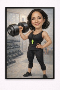 Ramă Foto Caricatură Amuzantă Antrenoare Fitness – Portret Personalizat din Poză