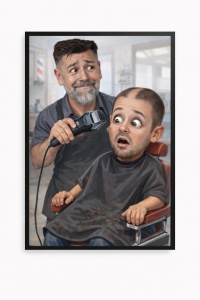 Ramă Foto Caricatură Amuzantă Frizer și Client – Portret Personalizat din Fotografie