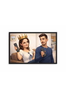 Ramă Foto Caricatură Cuplu „Regina Telecomenzii” – Portret Personalizat