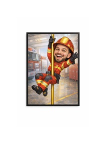 Ramă Foto Caricatură Pompier – Tablou Caricatură Amuzantă Personalizată, Cadou Original