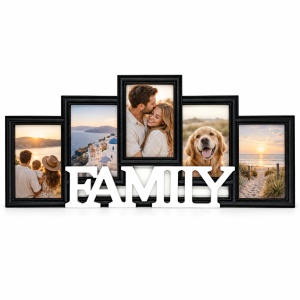 Ramă foto colaj Family cu litere contrastante, negru și alb – 5 fotografii incluse