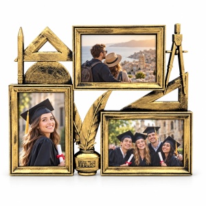Ramă foto colaj Instrumente academice, auriu antichizat – 3 fotografii incluse