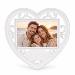 Ramă foto decorativă Inimă Love cu fotografie orizontală, alb – 1 fotografie inclusă