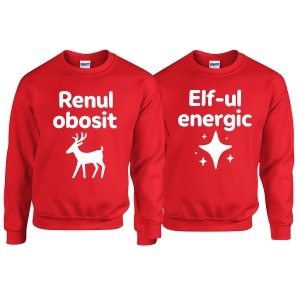 Set pulovere cuplu – „Renul obosit” & „Elf-ul energic”. Perfecte pentru poze, cadouri și seri haioase de Crăciun. Disponibil pe fabricacucadouri.ro