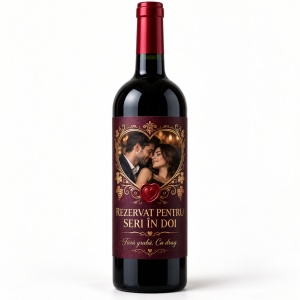 Sticlă de vin personalizată cu poză „Rezervat pentru seri în doi” – Valentine’s Day