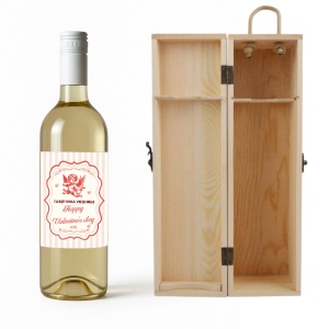 Sticlă de Vin Personalizată Valentine’s Day cu Cutie din Lemn Premium – Alb, Roșu sau Roze
