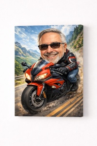 Tablou Canvas Caricatură Motociclist Personalizată – Cadou pentru Pasionații de Motociclete