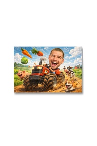 Tablou Canvas Fermier pe Tractor – Caricatură Amuzantă cu Animale de Fermă