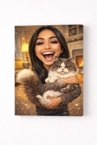 Tablou Canvas Personalizat – Portret cu Pisică | Caricatură Amuzantă cu Animal de Companie