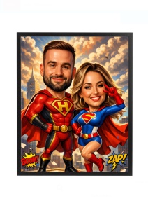 Tablou caricatură cuplu supereroi personalizat după poză – cadou amuzant pentru cuplu