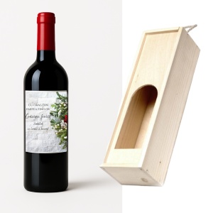 Vin cu Etichetă de Crăciun + Cutie din Lemn – Cadou Personalizat Festiv