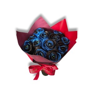 Buchet trandafiri satin albastru și negru cu pietricele – cadou premium elegant | Flori artificiale de lux