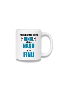 Cană ceramică 380 ml – Parcă altfel intră vinul – nașu și finu, albastru
