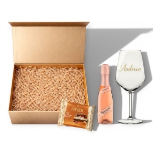 Cutie Cadou cu Pahar Personalizat și Prosecco Rosé – Cadou Elegant pentru Ea