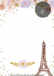 Invitație Botez B135 - Turnul Eiffel Roz-Auriu cu Flori Liliac
