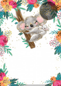 Invitație Botez B521 - Koala cu Puiul Său și Flori Colorate