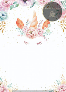 Invitație Botez B65 - Chip de Inorog cu Gene și Flori Pastelate, Buchet Floral Superior