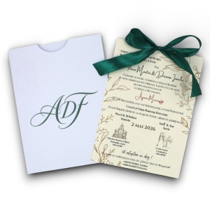 Invitație de nuntă elegantă cu fundă verde și monogramă – model botanic personalizat