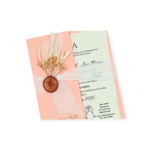 Invitație de nuntă personalizată roz cu sigiliu de ceară – stil boho elegant cu flori uscate - Img 3