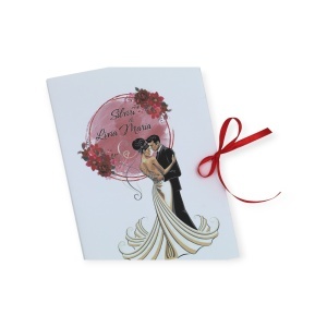 Invitație Nuntă cu Fundă Roșie și Ilustrație Romantică