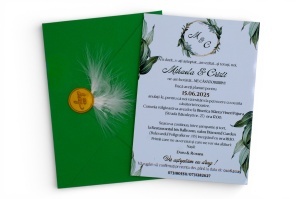Invitație nuntă cu plic verde, pană albă și sigiliu auriu