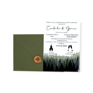 Invitație Nuntă Pădure/Forest cu Sigiliu Bronz și Plic Olive
