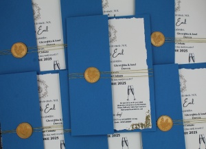 Set de invitații nuntă cu plic albastru și sigiliu auriu