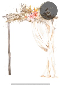 Invitație nuntă rustică cu arc floral din lemn și voal