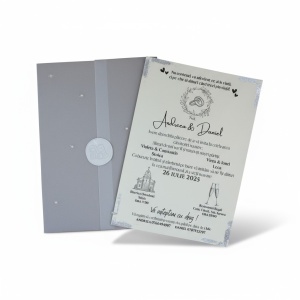 Invitație Nuntă Sidefată cu Plic din Hârtie de Calc, Sigiliu Alb și Perle Decorative