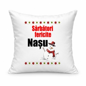 Pernă personalizată Sarbatori fericite nasu, model om zapada