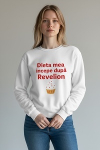 Promit că încep dieta… dar după Revelion 😅🎉 Pulover alb cu mesaj amuzant, perfect pentru vibe-ul de sărbători!