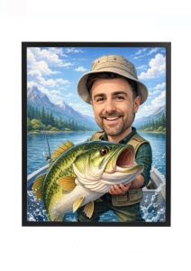 Ramă Foto Caricatură Pescar cu Pește Mare – Cadou Personalizat pentru Pescari