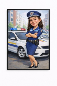 Ramă Foto Caricatură Polițistă Amuzantă – Portret Personalizat din Fotografie
