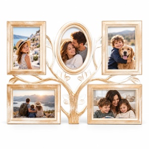 Ramă foto colaj Copac decorativ, auriu șampanie – 5 fotografii incluse