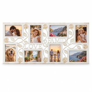 Ramă foto colaj Love & Family cu trandafiri, ivoire și auriu – 8 fotografii incluse