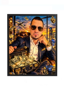 Ramă foto personalizată caricatură milionar cu servietă plină de bani – cadou amuzant după fotografie
