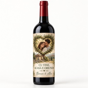 Sticlă de vin personalizată cu poză „Cu tine, acasă e oriunde” – Valentine’s Day