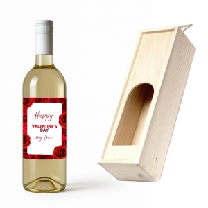 Sticlă de Vin Personalizată Valentine’s Day „Happy Valentine’s Day My Love” cu Cutie din Lemn – Alb, Roșu sau Roze